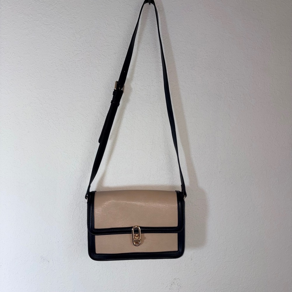 Jules Kae Crossbody Bag Small Beige Black Excellent Lizard Embossed Turn-Lock